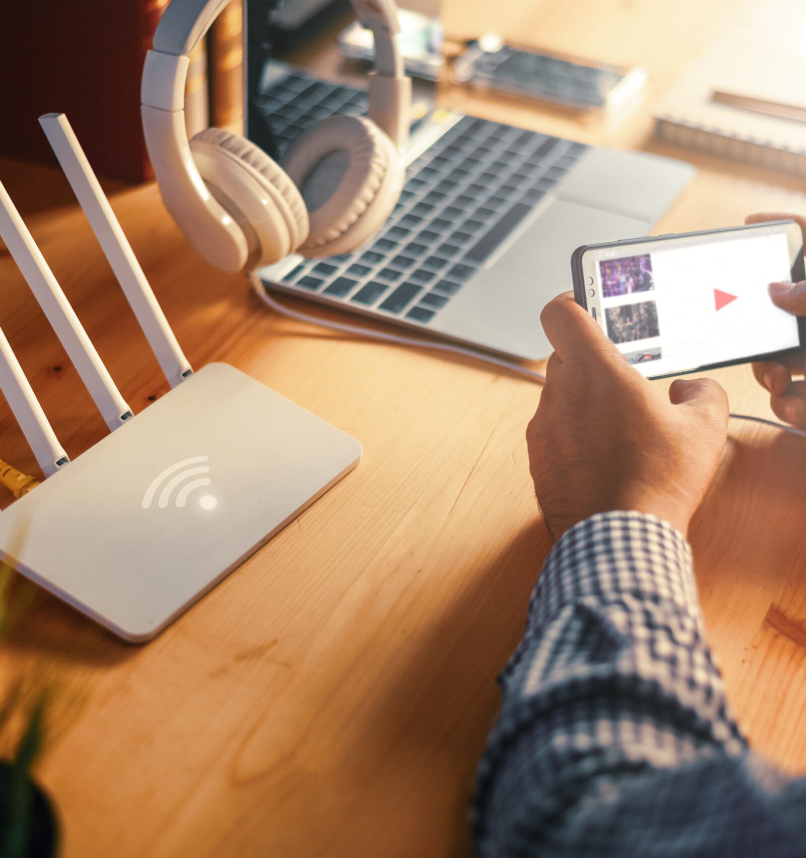 Young man Connecting router wifi On smartphone  for Internet and online Live streaming